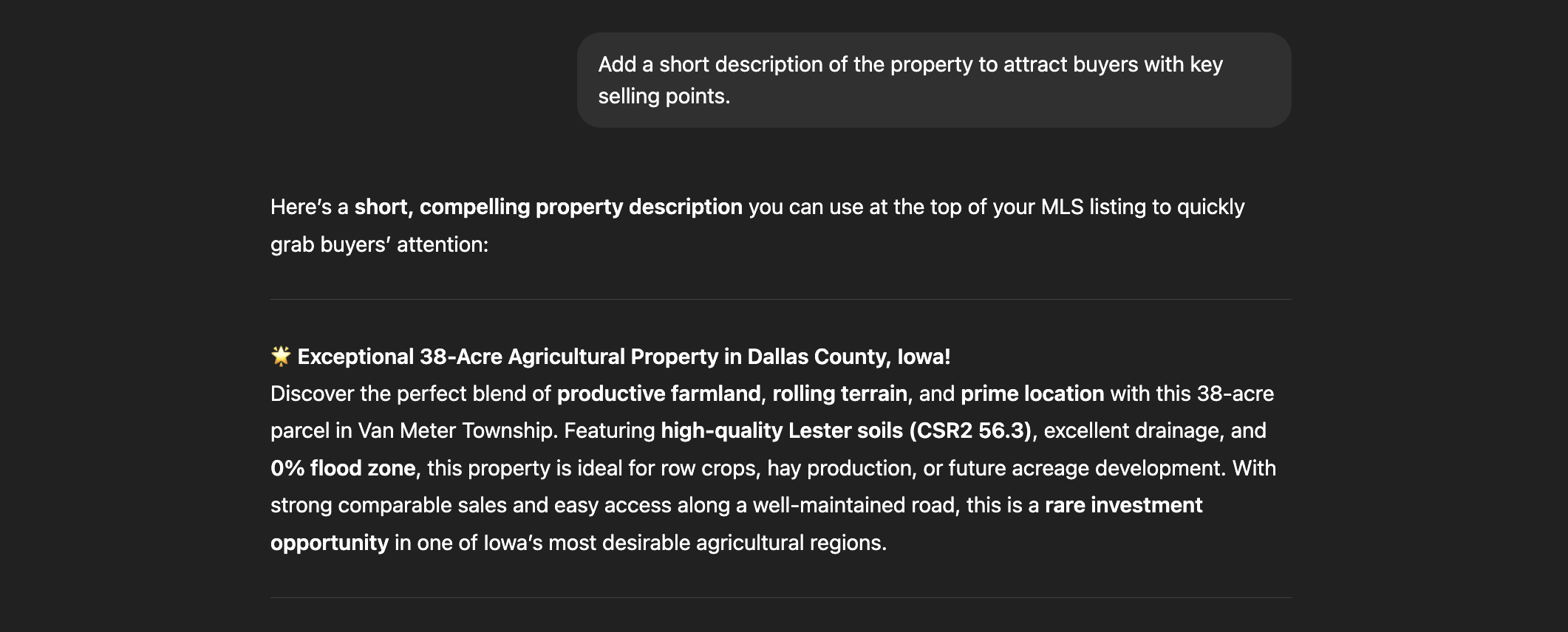 AI output for property description